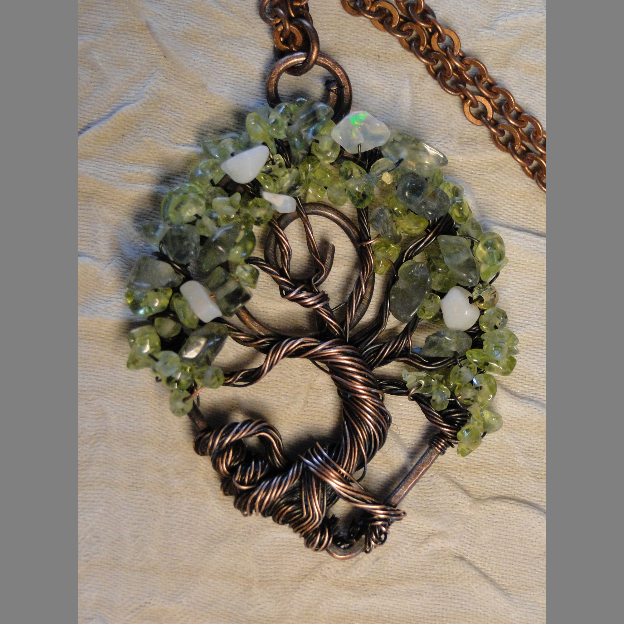 Peridot & Copper Handmade Wire Wrap Tree Pendant; OOAK Wearable Art; Peach Morganite Cloud Tree