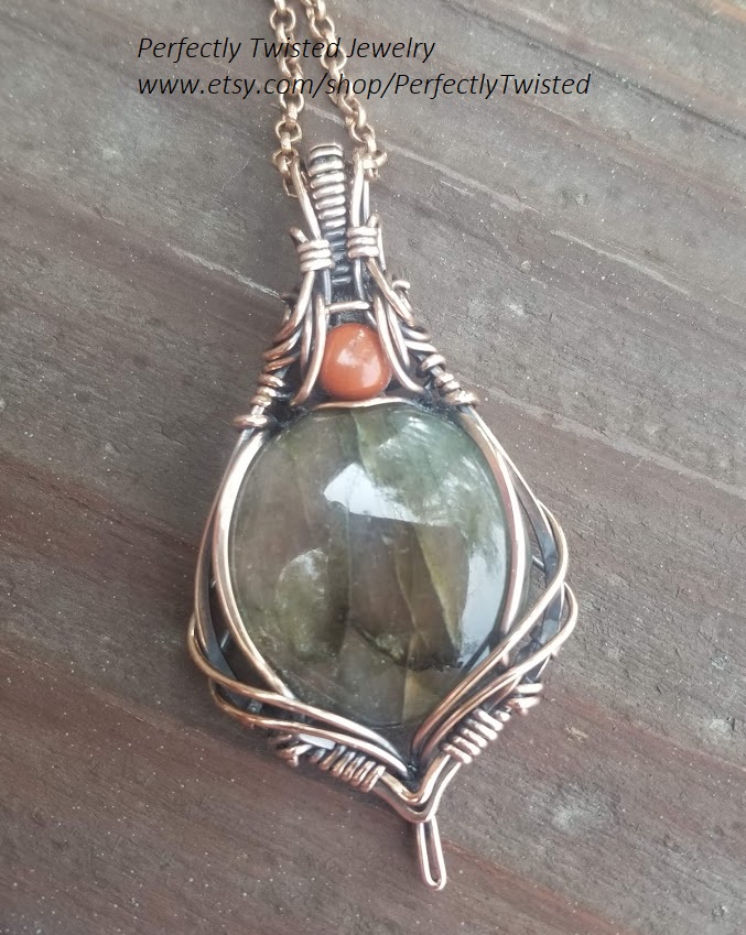 Golden Labradorite With Red Jasper Copper Wire Wrapped Pendant Earth Mother Statement Necklace Rockygems Com Marketplace